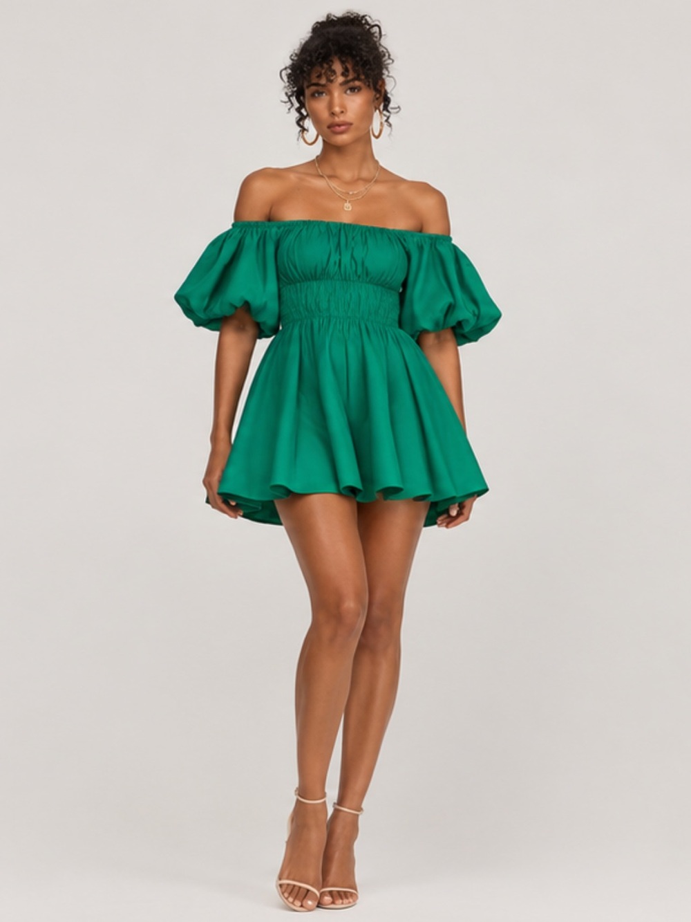 Princess Polly Emerald Green Off-Shoulder Puff Sleeve Mini Dress Size S